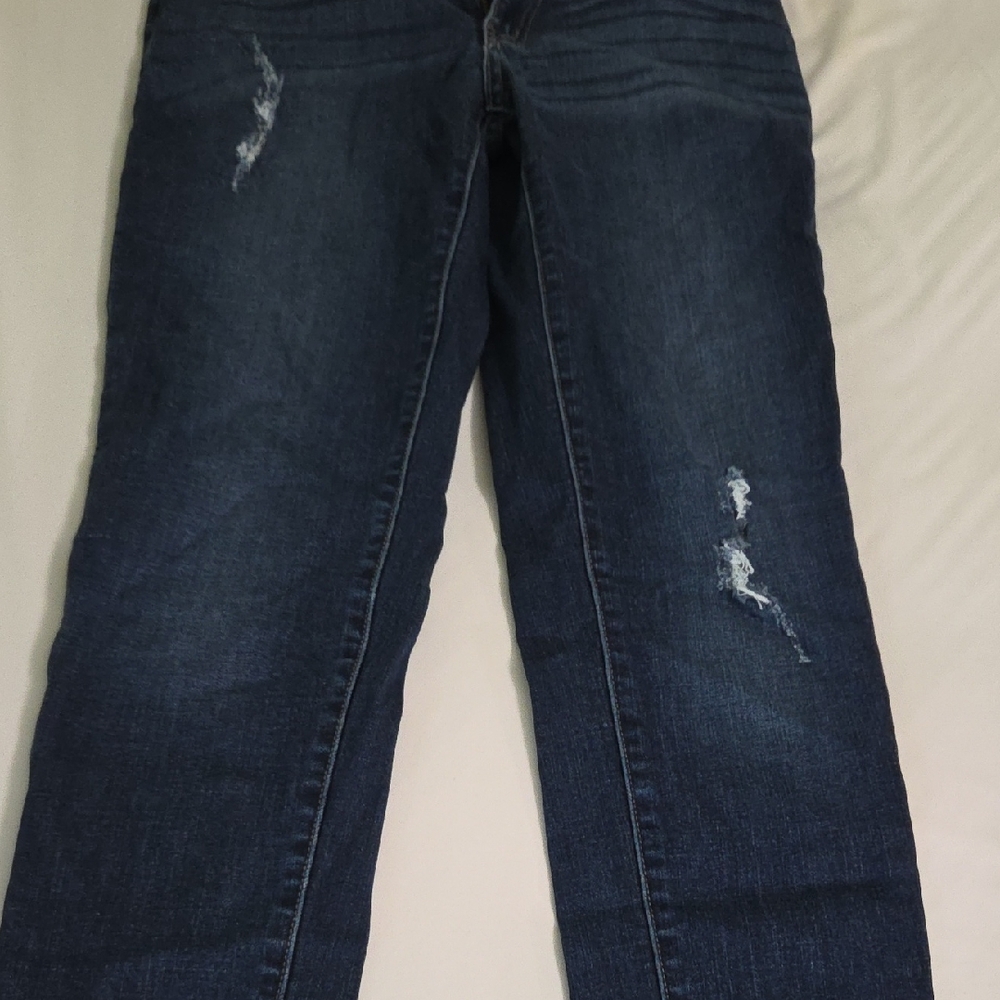 KanCan Women's Dark Blue Distressed Straight Leg Jeans